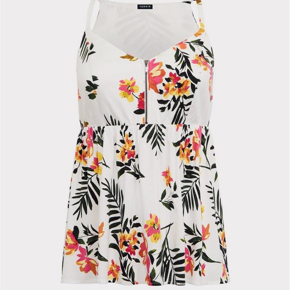 NWT Torrid Peplum Stretch Challis Zip-Front White Floral Cami Tank Top Size 00
